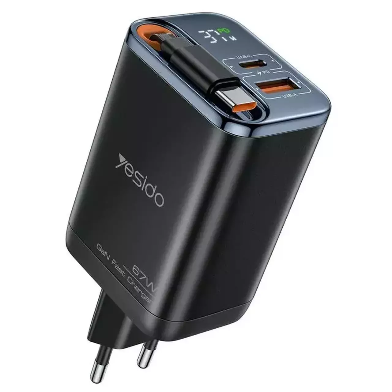 YC100 Yesido PD Ga N 67 W With USB C Cable Inside Fast Charger Black