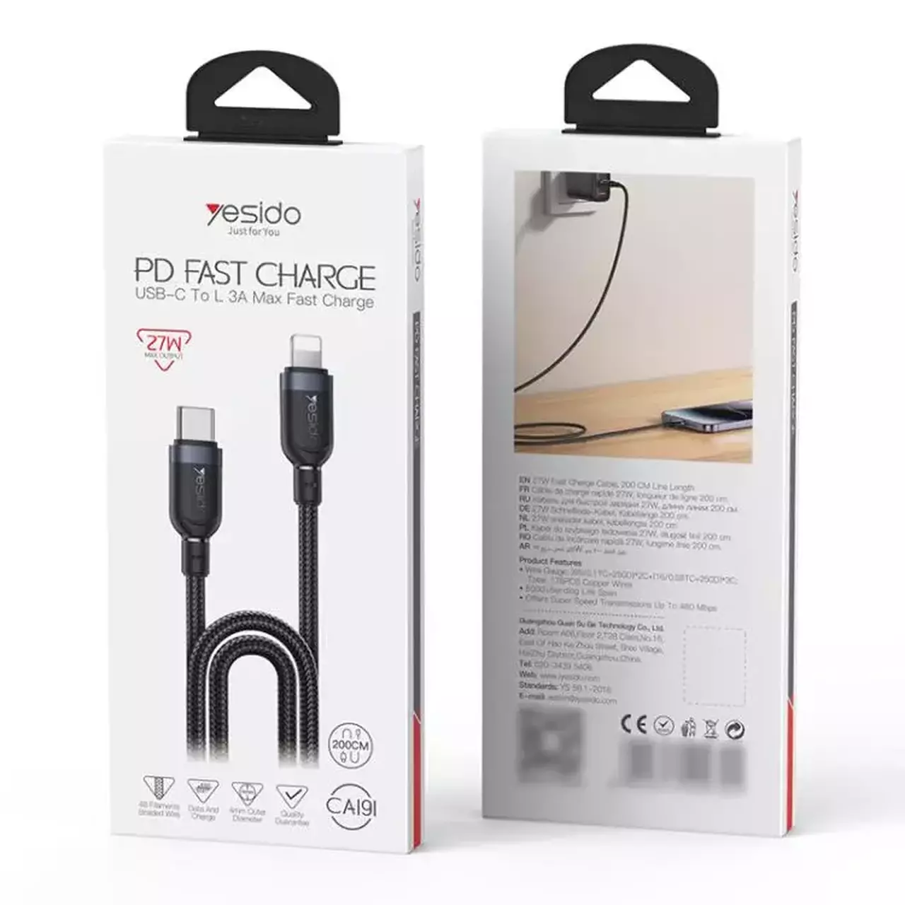 Yesido CA191 Type C To Lightning Cable 2m 27 W Fast Charging